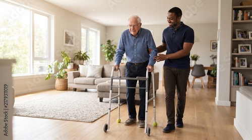 Elderly man receiving mobility assistance from a caregiver