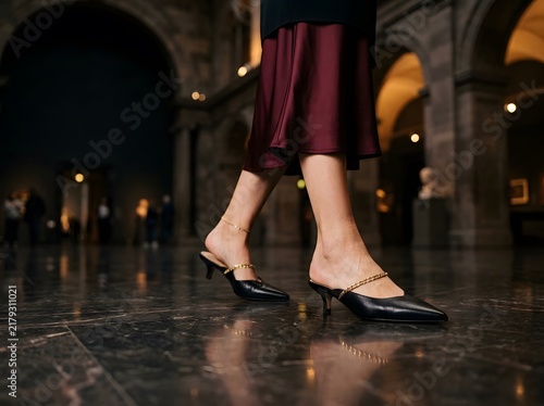 Woman walking in elegant black kitten heels and burgundy skirt in a luxury museum hall