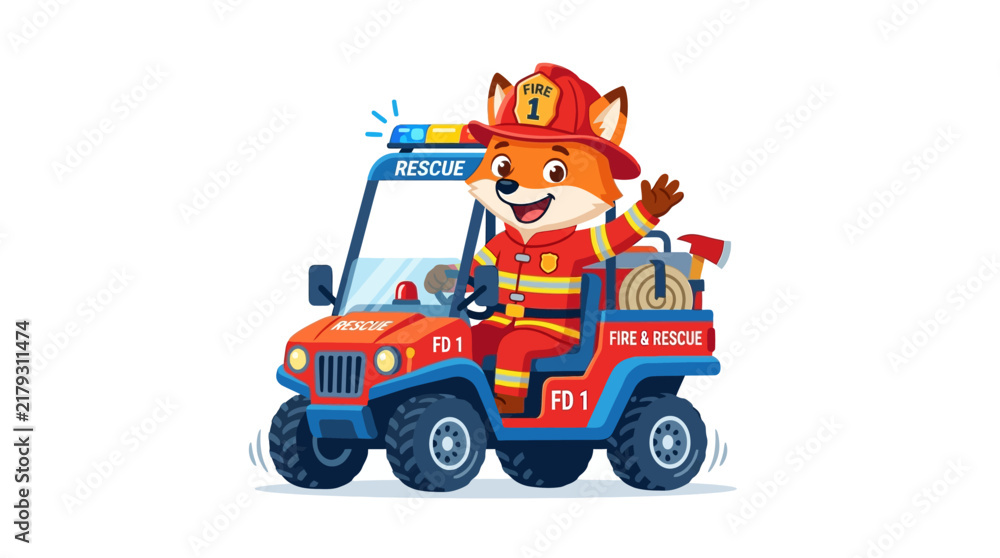 Fototapeta premium Cheerful cartoon fox firefighter driving a rescue vehicle