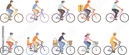 People Riding Bicycles Set Cyclists In City Commuting Delivery Courier And Leisure Activity Vector Illustration