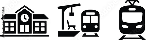 Railway Station Platform And Modern Electric Train Icon Set Vector Illustration In Black Solid Silhouette Style