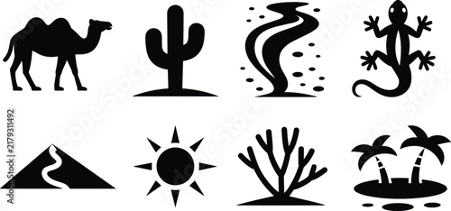 Desert landscape icons set including camel cactus sandstorm lizard dune sun tumbleweed oasis for wildlife nature vector design