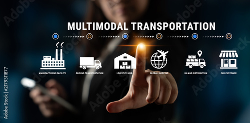 Quadro su tela Visual Representation of Multimodal Transportation Concepts with Icons for Global Shipping, Logistics, and Distribution Showing Different Modes of Transport Haptic