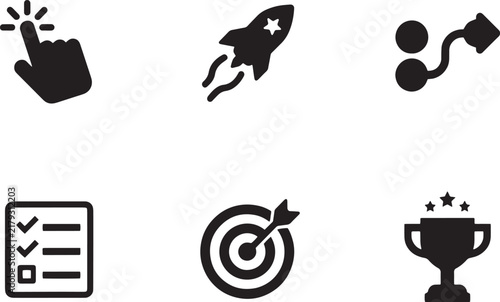 Startup rocket launch and hand cursor click solid line icon set