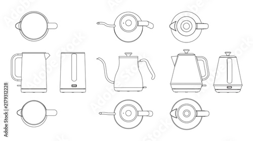 Technical line art of electric kettles and gooseneck pots in top and side view blueprints for product design planning