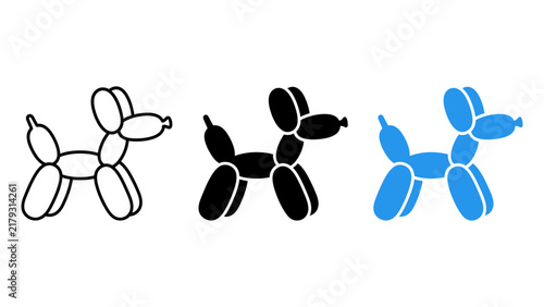 Set of balloon dog icons in outline, solid black, and blue styles