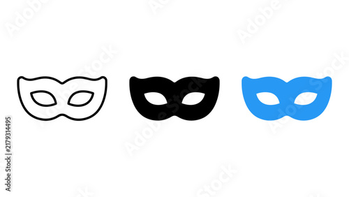 Set of three masquerade masks in outline, solid black, and blue styles, representing carnival, mystery, and party themes