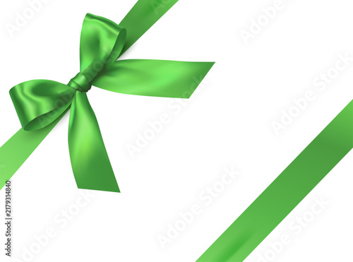 Vector decorative shiny gift bright green ribbon with tied bow design element isolated on white background