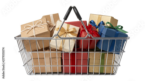 Metal Wire Shopping Basket Filled with Wrapped Gift Boxes