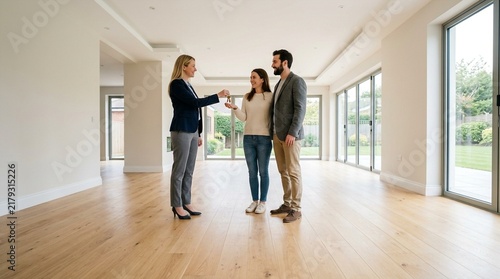 Couple receiving house keys from realtor in new empty home