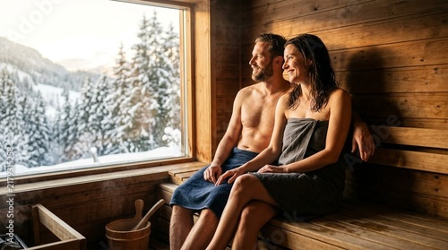 Couple relaxing in a wooden sauna with snow-covered forest view