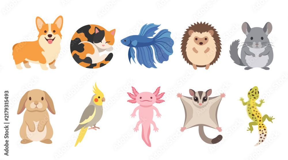 Obraz premium A charming collection of cute animal illustrations featuring diverse pets like dogs, cats, and exotic creatures, perfect for animal lovers and emporiums.