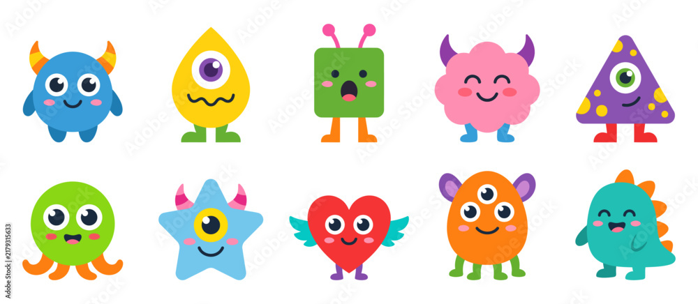 Fototapeta premium Set of ten cute monsters and funny creatures | Flat vector illustration with colorful cartoon characters smiling
