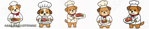 A set of cute dog vectors dressed as chefs, standing and carrying a delicious grilled meat dish.