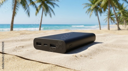 A black portable power bank rests on a textured beach towel. The background features a serene beach scene with gentle ocean waves, golden sand, and lush palm trees under a bright, sunny sky.