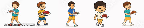 A set of vector illustrations of a young boy walking and carrying a delicious grilled meat dish.