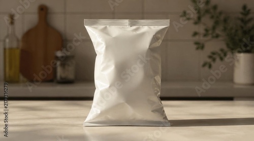 A blank, white flexible packaging bag or food pouch rests on a kitchen counter, featuring soft lighting and shadows. Ideal for product branding mockups.