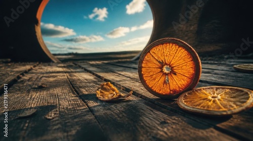 A detailed macro photograph captures a translucent, backlit dried orange slice resting on weathered wooden planks. The background reveals a wide aperture with a dynamic sky and scattered clouds.