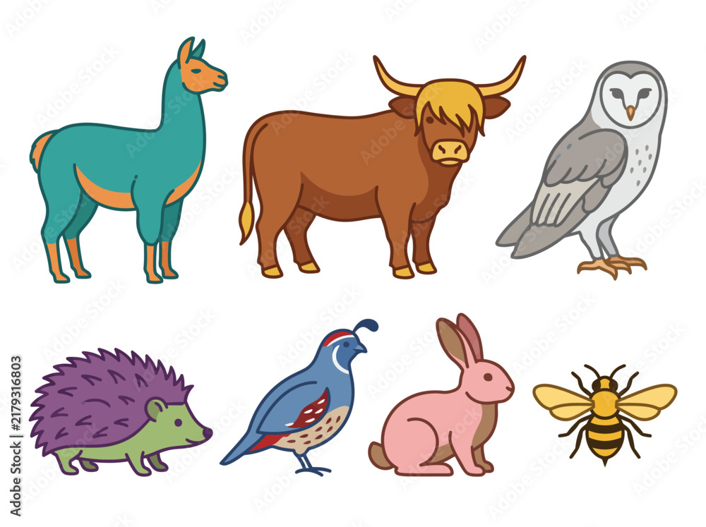 Fototapeta premium A delightful collection of cartoon animals including a llama, cow, owl, hedgehog, quail, rabbit, and bee, perfect for children's books or educational materials.
