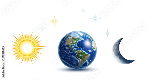 Earth Globe with Sun Moon and Stars Illustration Bright Colors Cosmic Scene Educational Visual