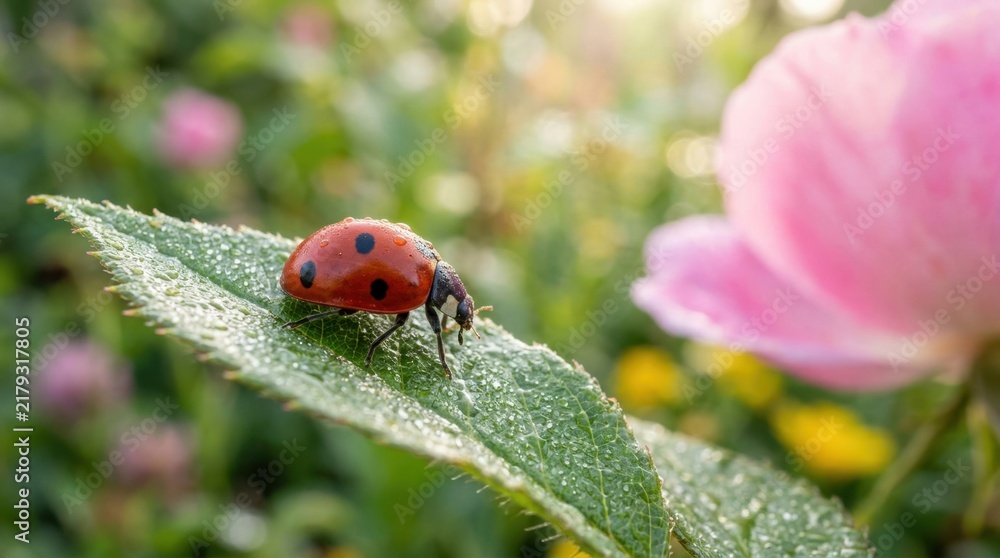 Fototapeta premium Ladybug resting on a dewy green leaf with a soft focus pink rose and bokeh background, macro photography