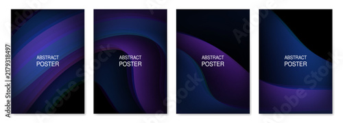 Set of abstract posters. Black backgrounds with purple and blue curved lines. Fading gradient