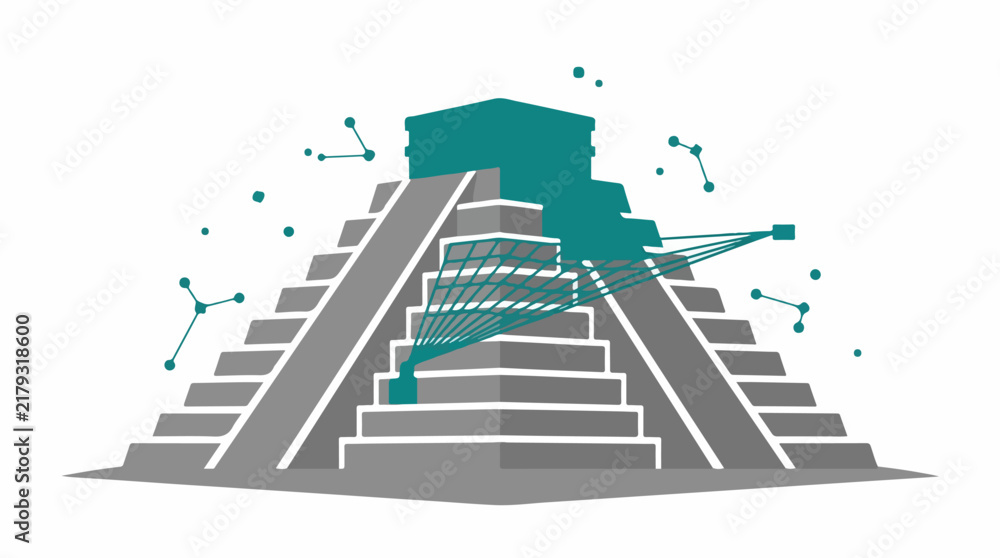 Obraz premium Flat vector art of a Mayan pyramid ruin being scanned by a teal AI grid. The top section of the temple is shown as a solid teal silhouette overlaying the gray ruins. Minimalist data nodes float
