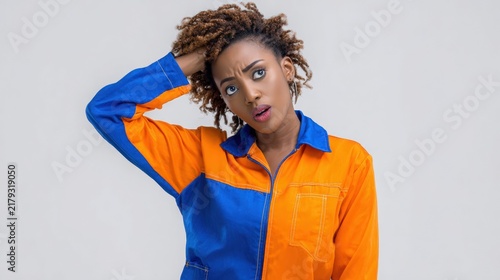 Dark-skinned woman with curly hair wearing a vibrant orange and blue work uniform, expressing curiosity and surprise in a minimalistic studio environment with copy space