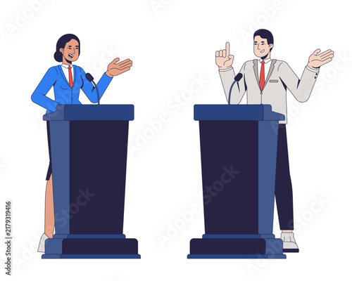 Political candidates debating at podiums 2D vector illustration. Opposing sides. Public discussion. Rival speakers exchanging arguments flat characters isolated on white. Colorful cartoon image