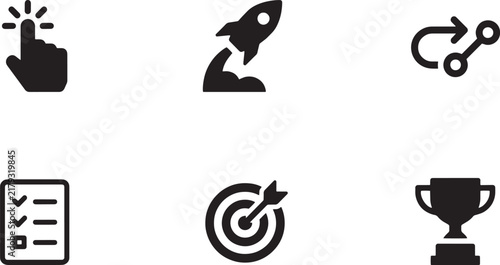 Hand cursor touch click and startup rocket launch smoke solid icon set