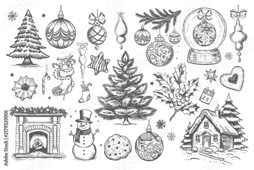 Christmas and New Year set, ball, tree, set on white, Hand drawn illustration