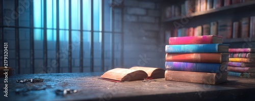 A dimly lit prison library with books stacked on a table, an open book, and prison bars visible in the background.