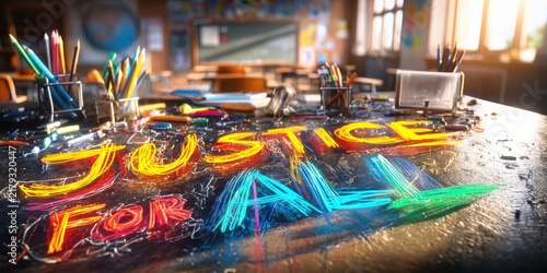 A colorful chalk drawing on a classroom desk reads 