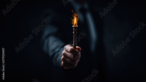 A hand holding a lit torch with a bright flame in a dark setting, symbolizing light, guidance, or discovery.