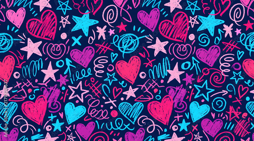 Fototapeta premium Seamless pattern with handdrawn hearts and stars in vibrant crayon style on a dark blue background, perfect for wrapping paper or textile design
