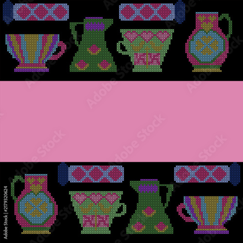 Cross stitch embroidery pattern.Tea cup set with abstract geometric background with smooth curves in brown, pink, and purple tones, vector illustration.