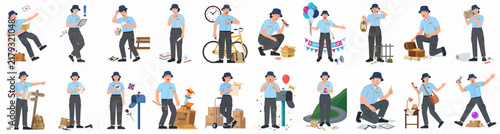 Vector illustration set of a delivery man character in various professional situations like shipping packages, delivering mail, and handling logistics services.