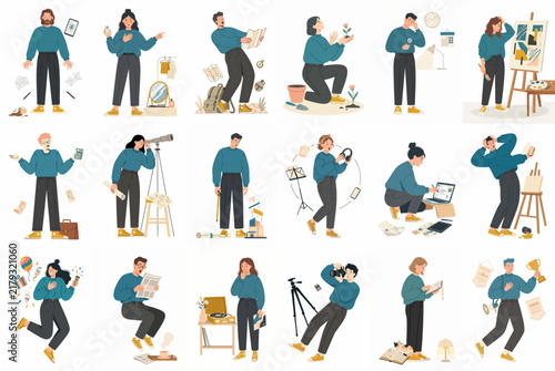 A collection of diverse people enjoying various creative hobbies and leisure activities like painting, photography, gardening, and music, in flat illustration style.