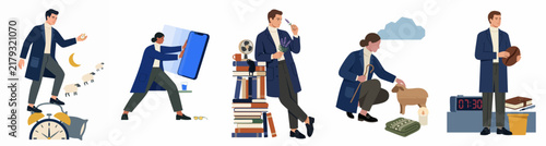 Set of flat vector illustrations depicting a man's daily routines, including sleep habits, avoiding digital distractions, reading, and waking up.