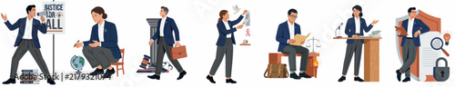 Collection of legal professionals in diverse roles including advocates, advisors, and speakers representing law and justice through flat vector illustrations.