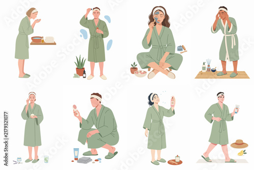 Set of diverse people in green bathrobes performing various skincare and beauty routines, flat vector illustration.