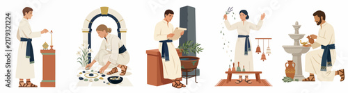 Set of vector characters in ancient robes performing various traditional rituals like lighting candles, reading scrolls, and water ceremonies on white background.