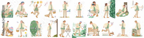 Set of flat illustrations featuring people enjoying various outdoor activities like gardening, photography, hiking, and picnicking in nature.