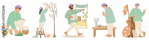 Set of flat vector illustrations featuring people engaged in various springtime and Easter activities including gardening, decorating trees, and visiting market stalls.