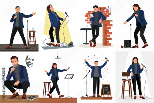 Collection of illustrations featuring a male stand-up comedian in various performance poses, gestures, and stage settings on a white background.