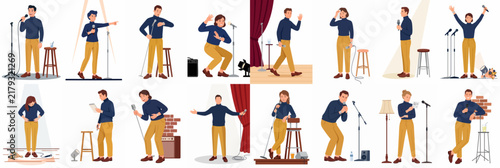 A set of sixteen flat illustrations showing a male stand-up comedian in various poses and emotional states during a performance on stage.