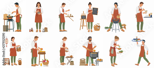 Flat illustration set of street food vendors and small business owners in aprons performing various tasks like cooking, grilling, and serving.