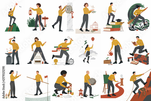 Vector illustration set of people overcoming challenges, pursuing goals, and engaging in various personal growth and business metaphors.