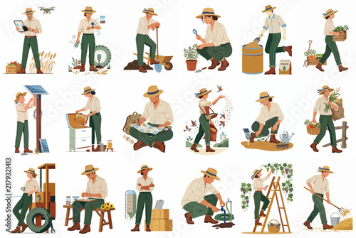Comprehensive set of modern and traditional farming illustrations featuring men and women engaged in various agricultural activities, including smart farming and sustainable practices.
