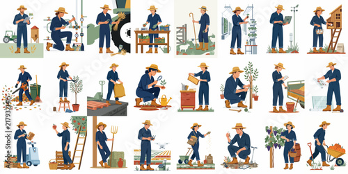 A diverse collection of modern agricultural workers and farmers performing various tasks from smart farming to traditional crop and livestock management.
